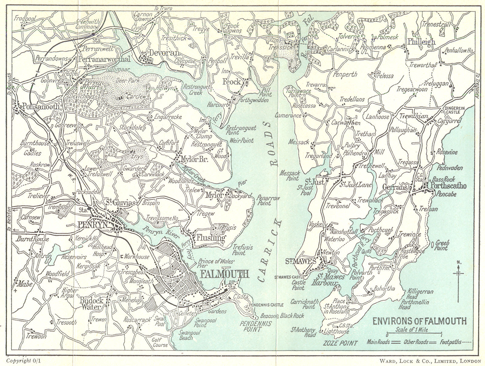 FALMOUTH ENVIRONS. Falmouth Carrick Roads St Mawes Penrhyn. WARD LOCK c1955 map